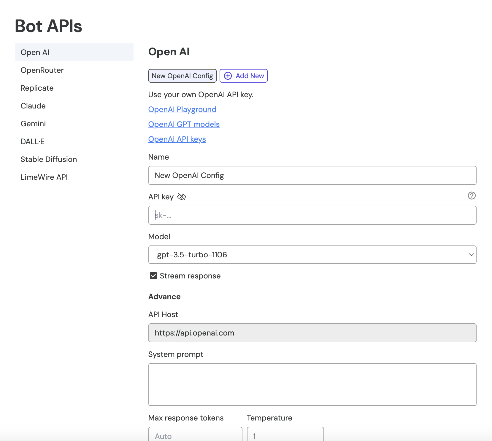 api - open ai, open router, anthropic, replicate